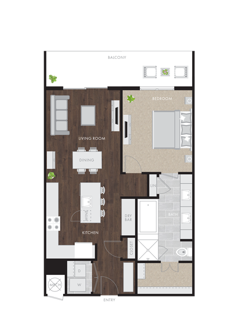 Floor plan for 1 bed, 1 bath, 965 sqft